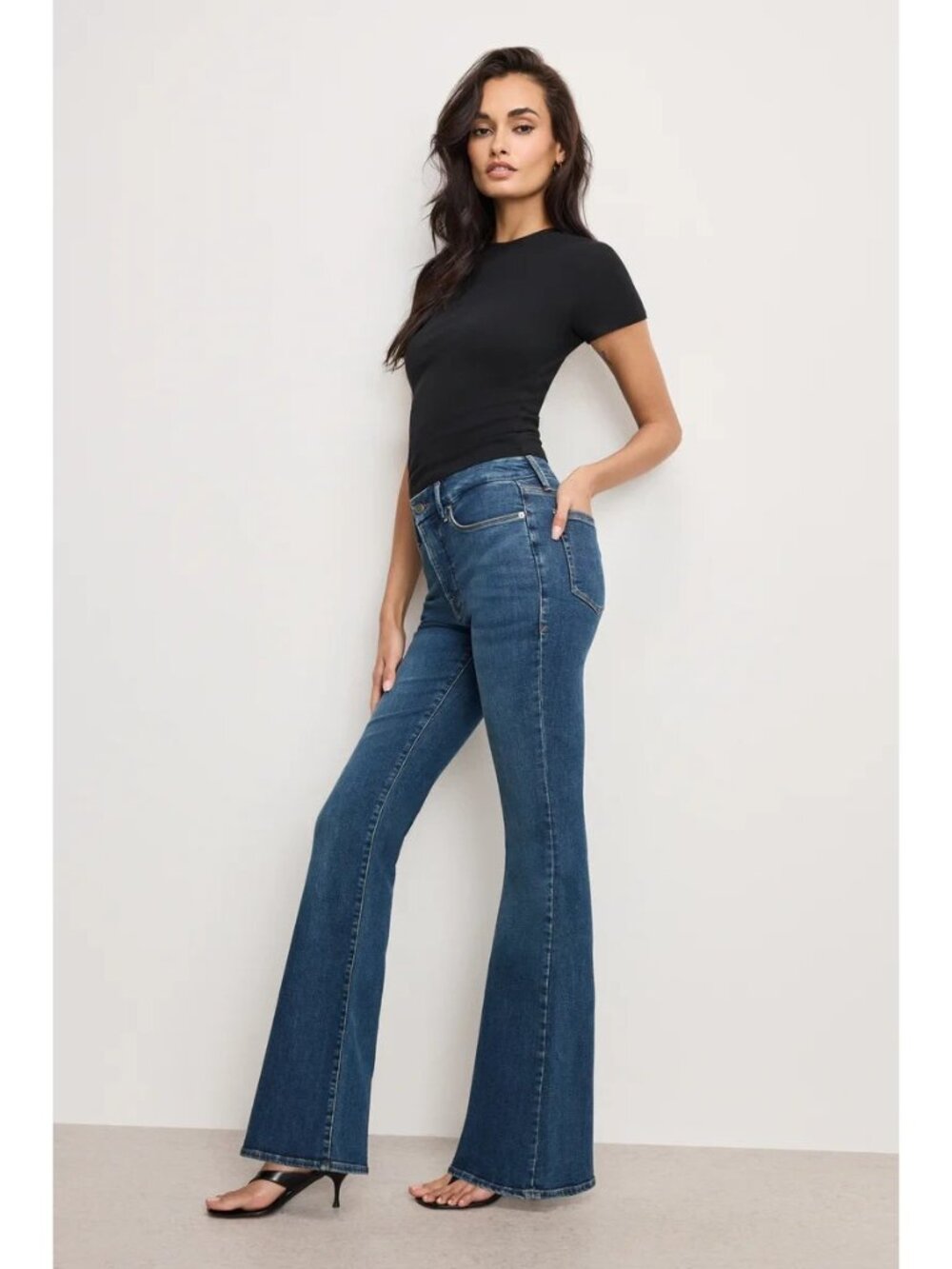 Good American Womens Good legs flare mid rise jeans flat tummy tech size 14 x 37